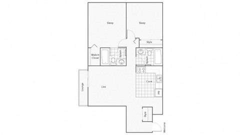 Floor plan for 2 beds, 2 baths, 1100 sqft